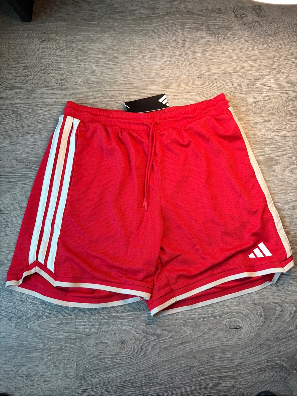 Adidas Red Athletic Mesh Shorts with White Stripes and Beige Trim